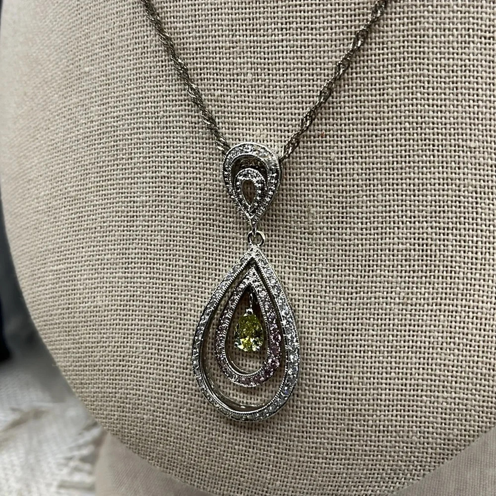 Vintage 925 Sterling Silver Teardrop Pendant Necklace with Peridot & Sapphire - Picture 6 of 13